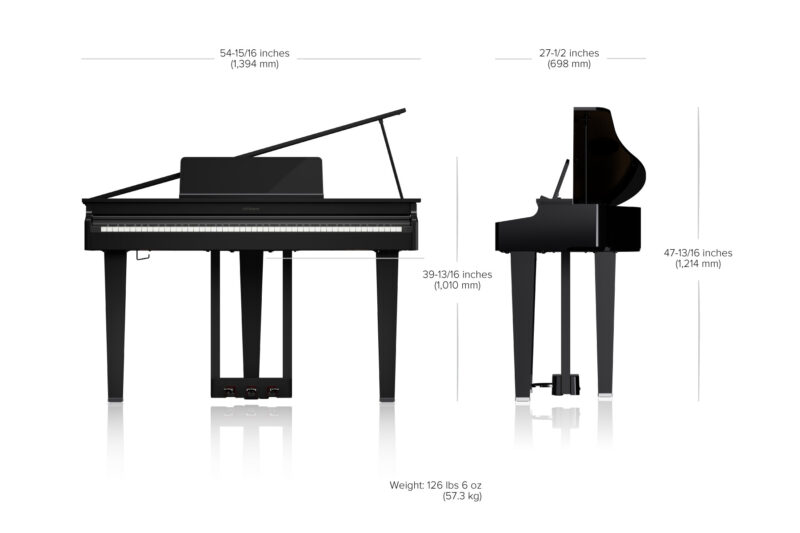 image of Roland GP-3 Digital Grand Piano with Dimensions marked